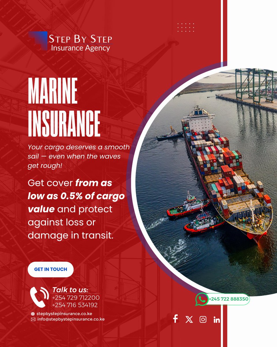 StepByStepIA's tweet image. 🌊 Marine Insurance
Your cargo deserves a smooth sail — even when the waves get rough! 🚢
Get cover from as low as 0.5% of cargo value and protect against loss or damage in transit. 🌍

#MarineInsuranceKE #CargoProtection #StepByStepInsurance #BimaYaBahari