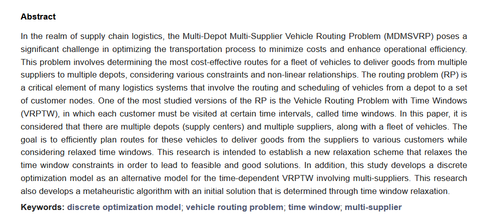 #HotPapers #vehicles 
🚛 A Non-Linear Optimization Model for the Multi-Depot Multi-Supplier Vehicle Routing Problem with Relaxed Time Windows

Read: mdpi.com/2624-8921/6/3/…

#LogisticsOptimization #VehicleRouting