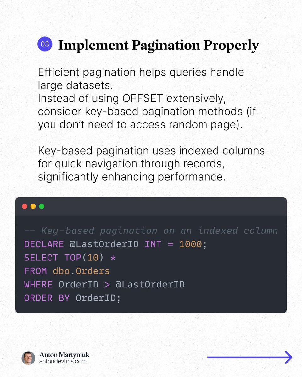AntonMartyniuk's tweet image. 𝗦𝗲𝗰𝗿𝗲𝘁𝘀 𝘁𝗼 𝗢𝗽𝘁𝗶𝗺𝗶𝘇𝗶𝗻𝗴 𝗦𝗤𝗟 𝗤𝘂𝗲𝗿𝗶𝗲𝘀
Here are 20 proven techniques I use regularly to optimize SQL queries:
✅ Use Indexes Wisely:
Index critical columns used in WHERE, JOIN, ORDER BY, and GROUP BY clauses.
✅ Avoid SELECT *:
Fetch only the columns…
