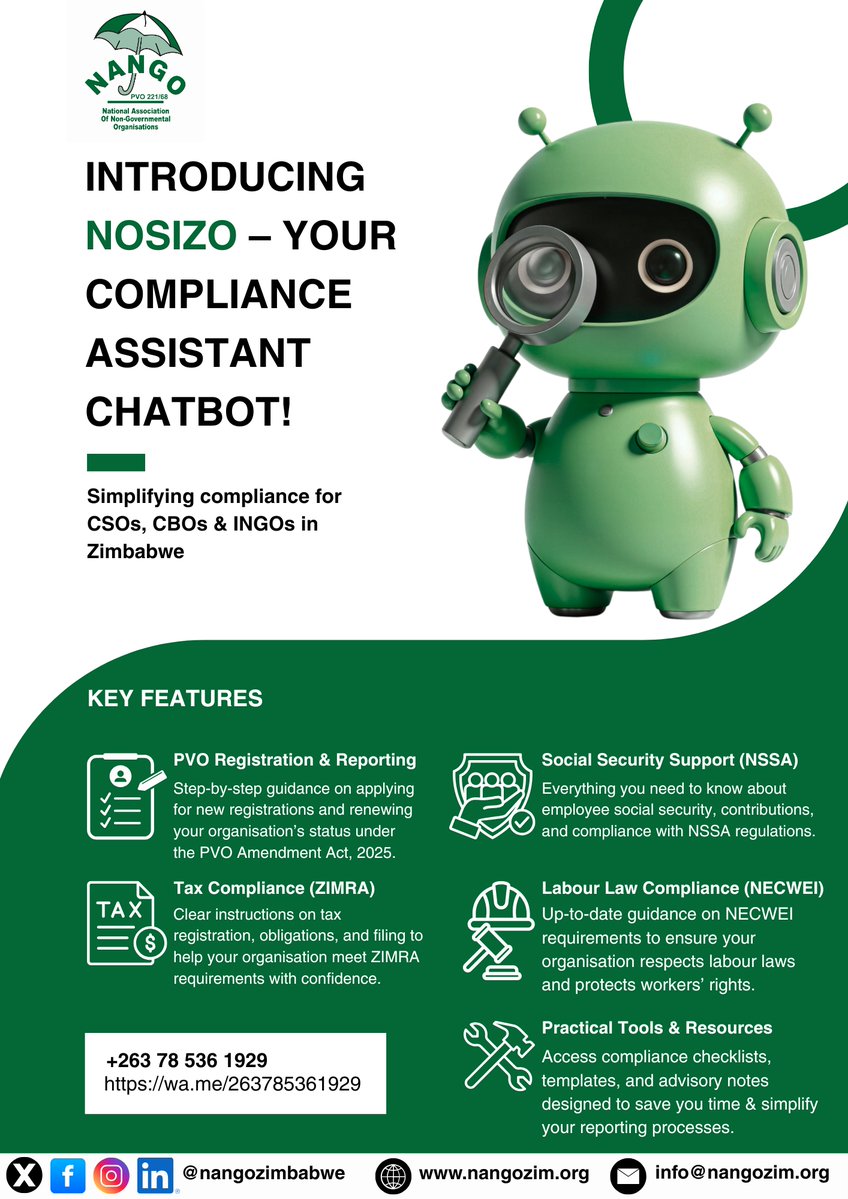 🌿 Wednesday Wisdom | #ComplianceSupport

Thinking of registering your organisation as a Private Voluntary Organisation (PVO)? 🏛️ Let Nosizo – the Compliance Assistant Chatbot guide you every step of the way! 💬

Nosizo provides clear, step-by-step guidance on the PVO