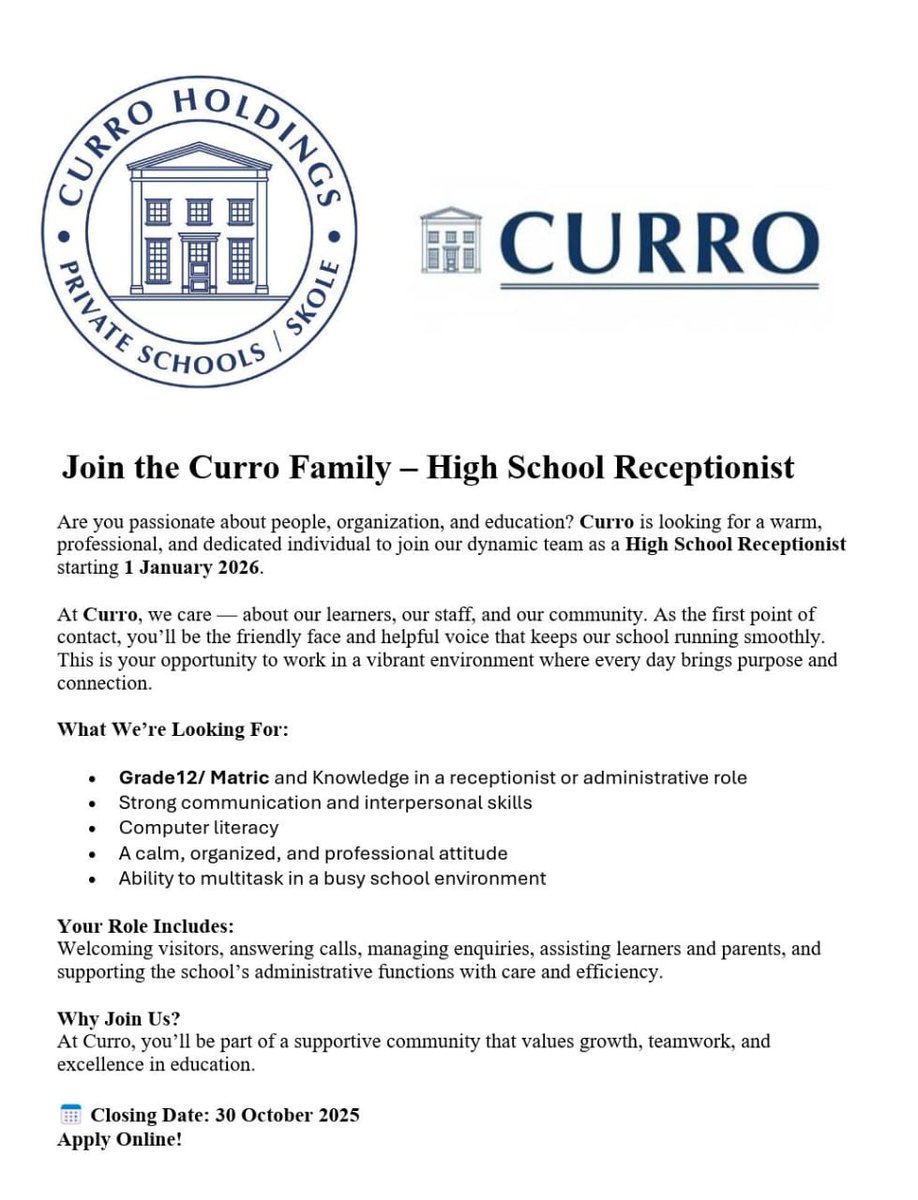 📌CURRO is hiring!

✅Receptionist 

Salary: R8,500 - R15,000 p/m 

Minimum Requirements:
- Grade 12/ Matric only! 
- Knowledge in administration role

Closing Date: 30-October-2025  

Apply ASAP: visionsoul.co.za/curro-high-sch…