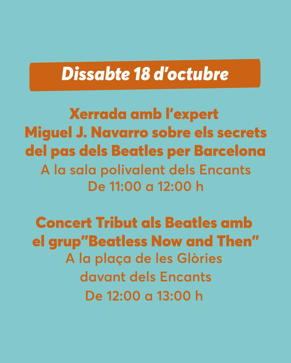 🗓️Del 17 al 19 d’octubre, fira Mercat de Mercats a Glòries amb el Restaurant El Mirall🧆, expo i concert tribut als Beatles🎸 i la visita dels ossos Paco i Pepa 🐻 als Encants.

@mercatsbcn