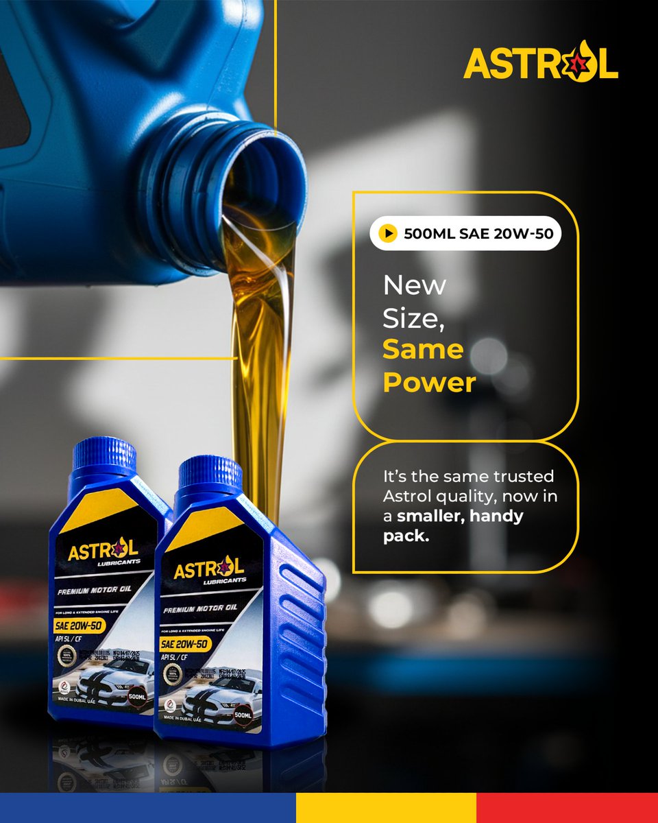 astrol_info's tweet photo. Same trusted power in a smaller pack. Introducing SAE 20W-50 (500ML)
Sometimes, your engine needs a little love to keep moving.
Now available at all Astrol stations nationwide.
Switch to Astrol. Experience the Power.
#AstrolLubricants #SAE20W50 #AstrolExperience #SwitchToAstrol https://t.co/TzfvzsyWO4