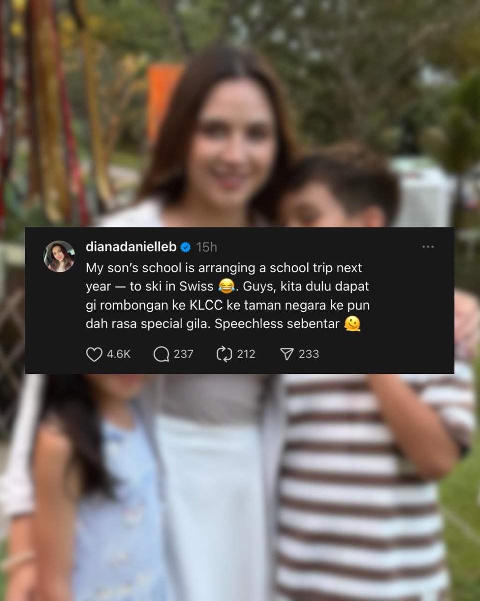 ohtweet's tweet image. Pelakon Diana Danielle berkongsi rasa terkejut apabila sekolah anaknya merancang lawatan ke Switzerland untuk bermain ski. Katanya, ketika zaman sekolah dahulu, pergi rombongan ke KLCC atau Taman Negara pun sudah cukup menggembirakan.
Perkongsiannya di Threads mencetus nostalgia…