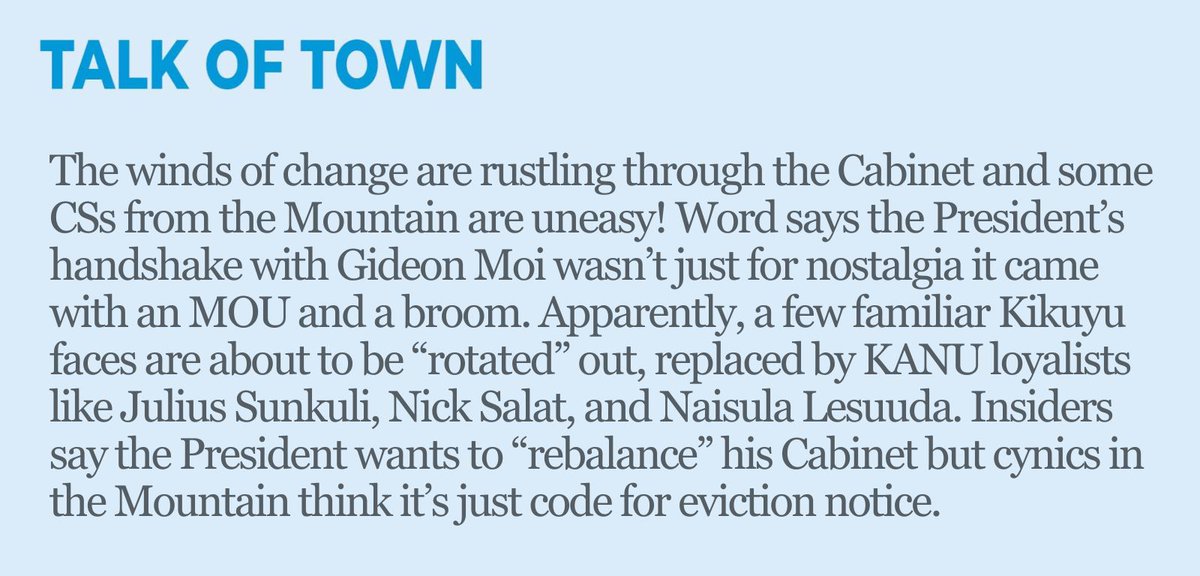 The President is tired of passengers posing as partners. Those Kikuyu CSs who treat government like a retirement club should prepare for a rude awakening. Kikuyu Privilege, #GidiGidiRudiRudi, KANUCabinet, Mountain Meltdown