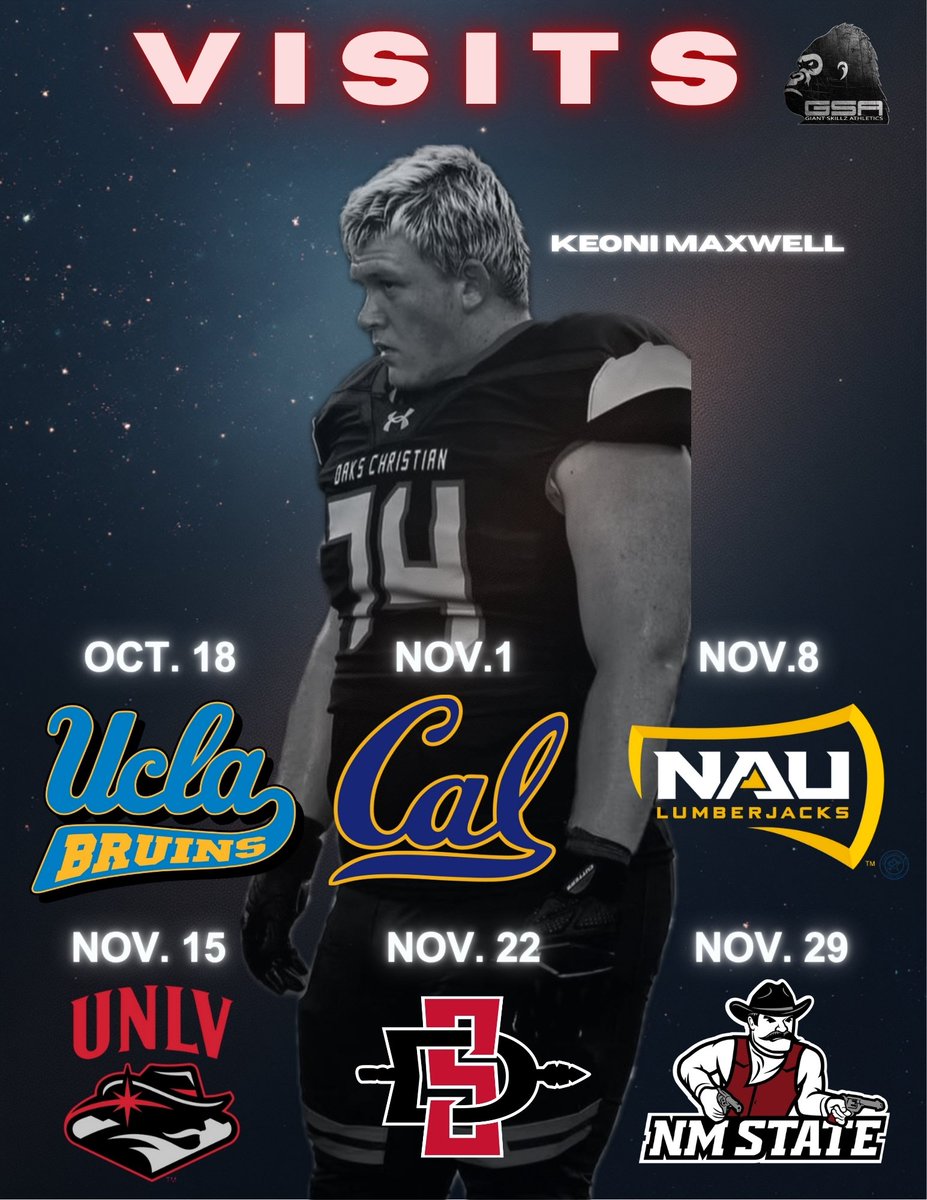 Unofficial in season visits for ‘26 OL <a href="/Keoni_Maxwell/">Keoni Maxwell 🇺🇸</a> 6’3” 305 from <a href="/OaksChrstnLions/">Oaks Christian Lions</a> <a href="/giant_skillz/">Giant Skillz Athletics</a> <a href="/TalamaivaoChris/">Chris Talamaivao</a>