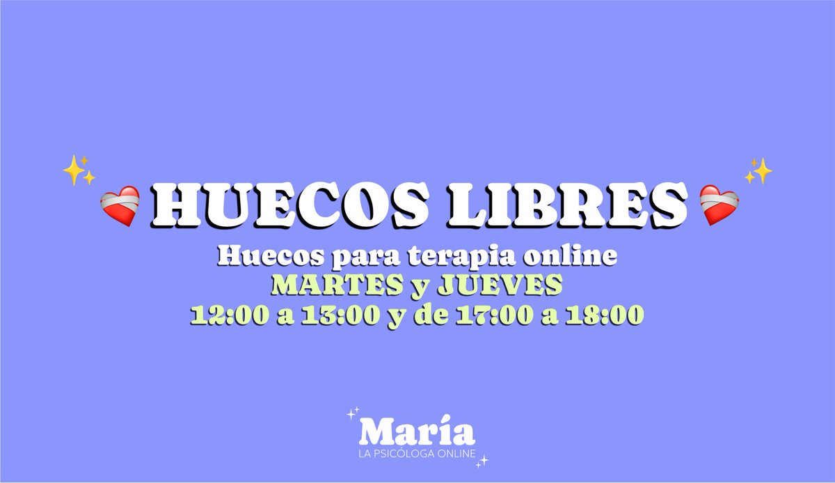 ✨ TERAPIA PSICOLÓGICA ✨

Ahora que tengo tu atención, te cuento, sigo teniendo 🗓️ HUECOS en mi agenda 🗓️

Así que, si necesitas psicóloga, o te estás pensando si empezar o no terapia, es tu momento ✌️

Y si conoces a alguien que la necesite, me ayudas mucho si lo difundes 🔁