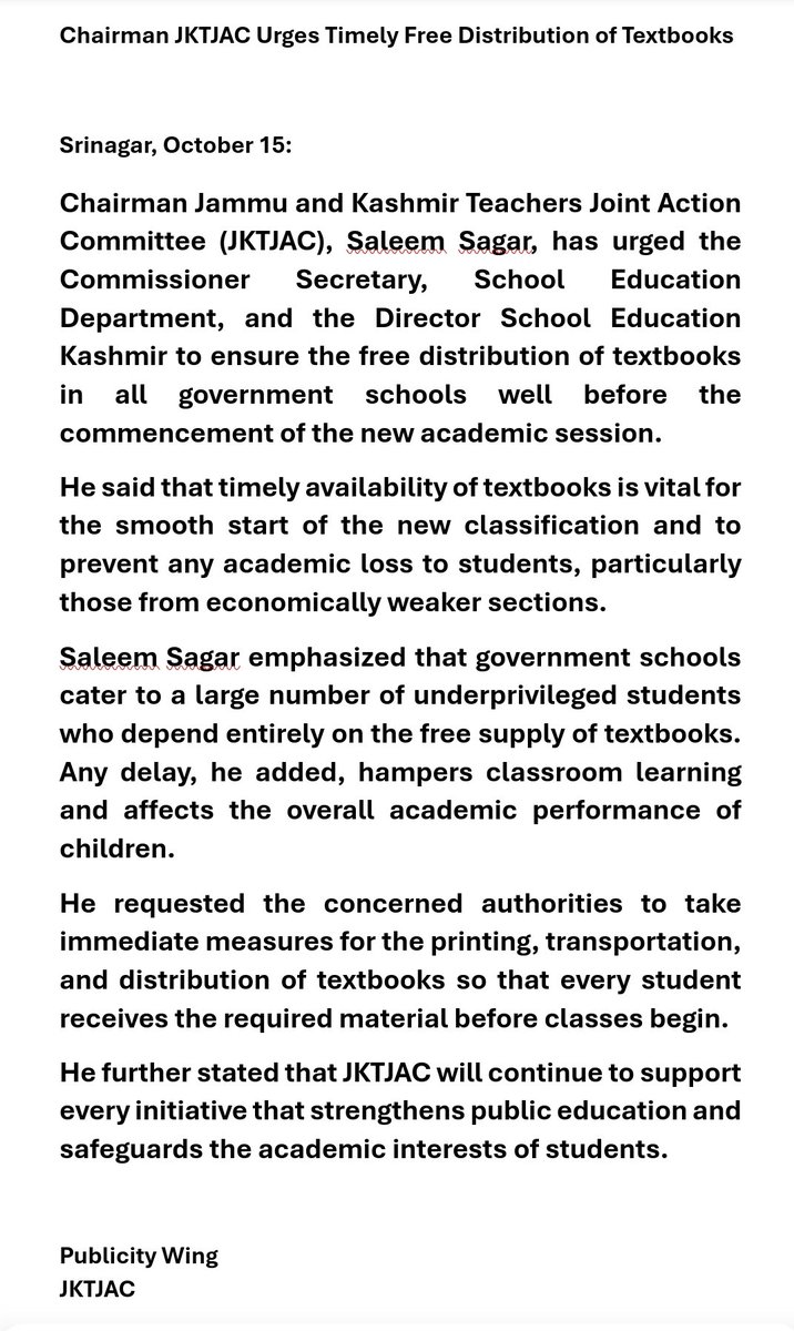 Saleem Sagar Chairman JKTJAC tweet media