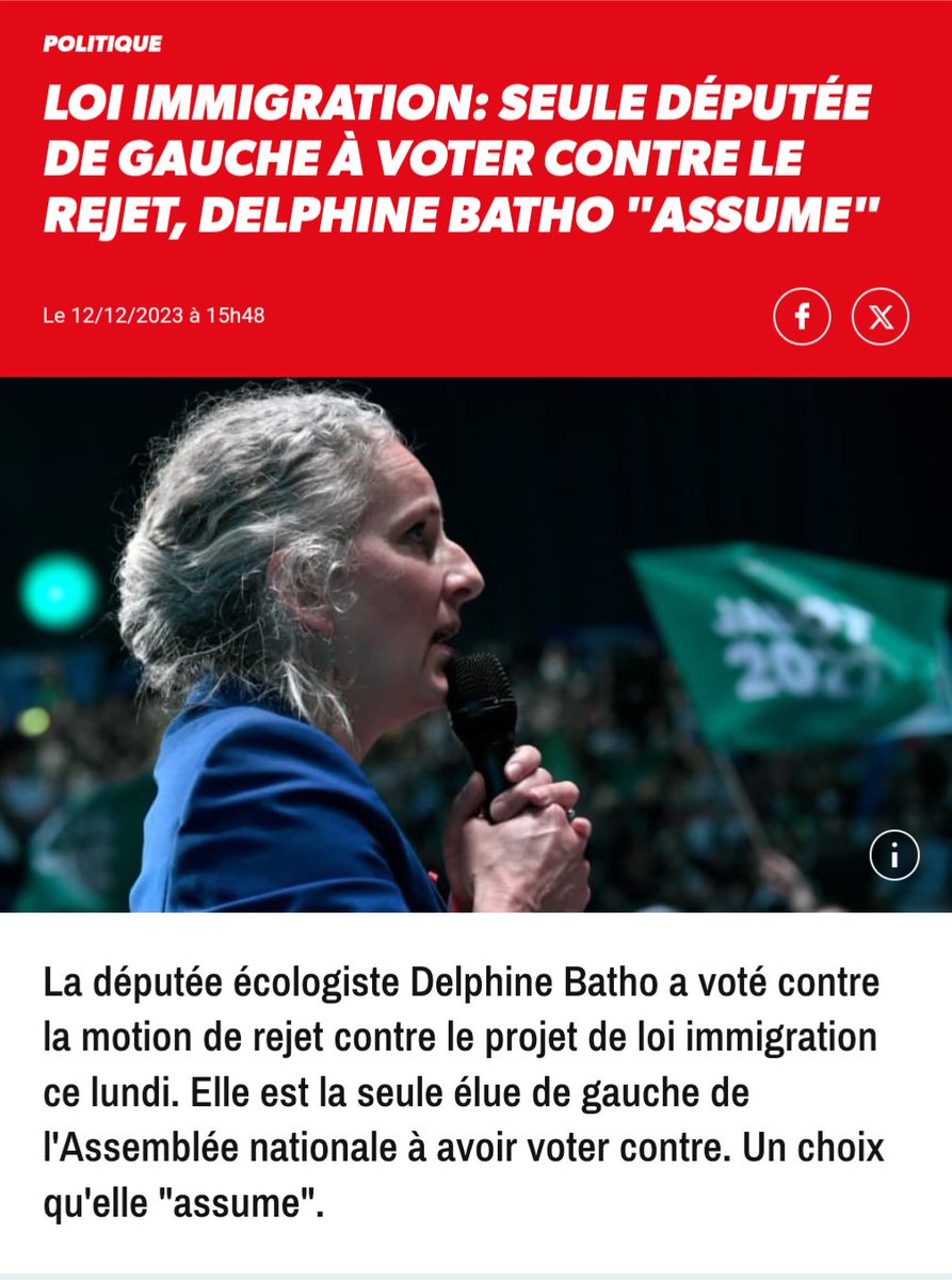 C'est <a href="/delphinebatho/">Delphine Batho</a>, seule députée écolo à ne pas voter la censure, qui devrait être contente. Elle était déjà là seule à ne pas voter la motion de rejet contre la Loi Immigration déposée PAR SON PROPRE Groupe à l'époque