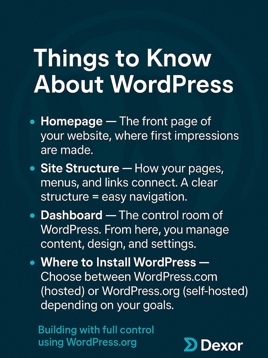 Dexor_01's tweet photo. Things to Know About WordPress 🧠
•Homepage = first impression
•Site Structure = easy navigation
•Dashboard = control center
•Install via .com (hosted) or .org (self-hosted)

I’m building with https://t.co/8gdXYcYbP3 for full control 💻
#Dexor #WebDesign #WordPress https://t.co/2SrHPf3oXv