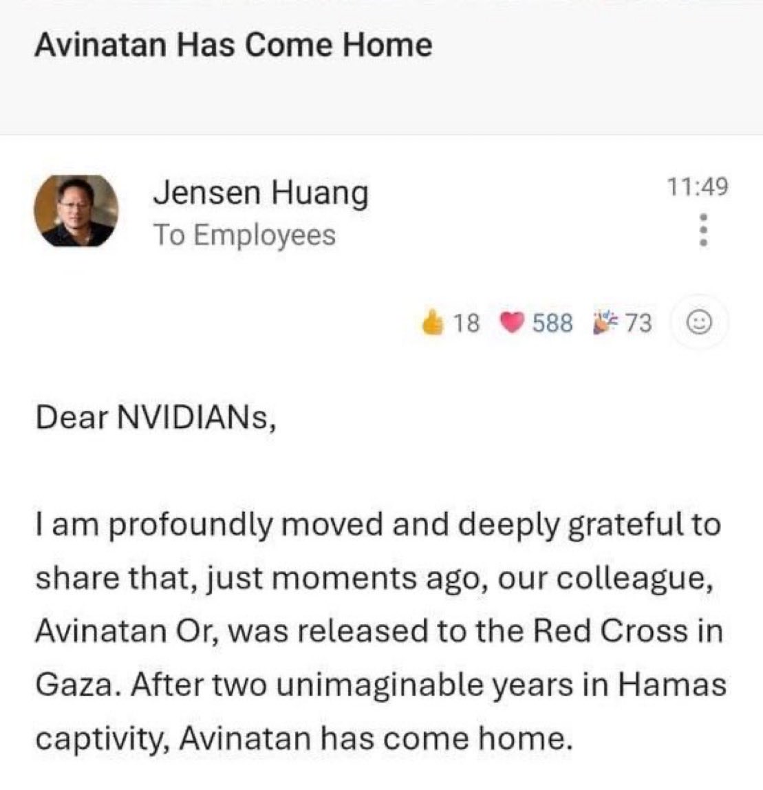 NVIDIA CEO Jensen Huang sent a company-wide email celebrating the release of employee Avinatan Or from captivity.