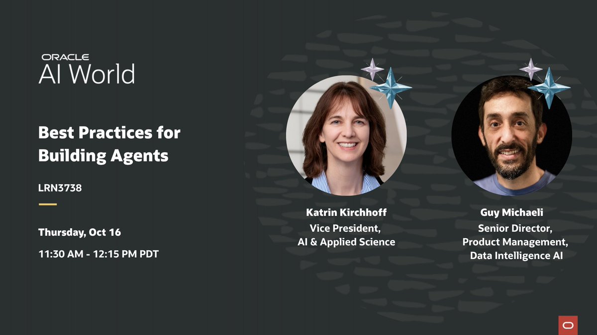 OracleAnalytics's tweet image. Thinking about building your own AI agents? Don't miss tomorrow's session with Katrin Kirchhoff and Guy Michaeli at Oracle #AIWorld for a deep dive into the best practices for building intelligent agents—from architecture and orchestration to real-world deployment at scale.
🗓️…