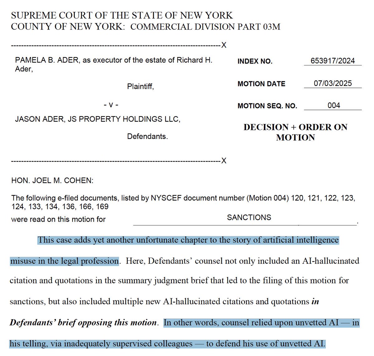 Fabuleux : Aux Etats-Unis, un avocat a utilisé l'intelligence artificielle pour rédiger son mémoire.

Citant des décisions de justice inventées par l'IA.

Puis il a récidivé... pour se défendre durant la procédure en responsabilité qui a suivi (suscitant la consternation du juge)