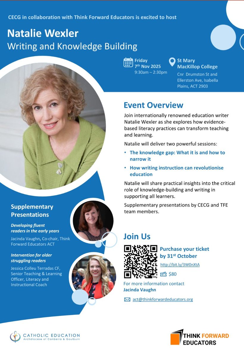 Jessica Colleu Terradas CF (@jessicacolleu) on Twitter photo So excited to be presenting alongside international speaker <a href="/natwexler/">Natalie Wexler</a> in Canberra! 📚 Join us for Writing and Knowledge Building - Nov 7. Tickets $80 → events.humanitix.com/natalie-wexler… Can’t wait to learn and share with educators! ✨ co-hosted by <a href="/ceacg/">Catholic Education Canberra and Goulburn</a> <a href="/ThinkForwardEdu/">Think Forward Educators</a> So excited to be presenting alongside international speaker <a href="/natwexler/">Natalie Wexler</a> in Canberra! 📚 Join us for Writing and Knowledge Building - Nov 7. Tickets $80 → events.humanitix.com/natalie-wexler… Can’t wait to learn and share with educators! ✨ co-hosted by <a href="/ceacg/">Catholic Education Canberra and Goulburn</a> <a href="/ThinkForwardEdu/">Think Forward Educators</a>
