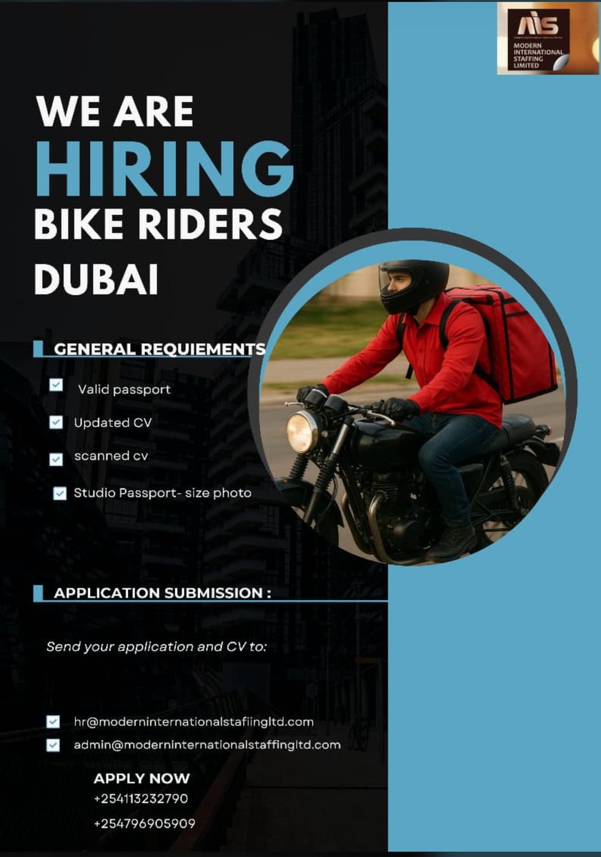 sjamal254's tweet photo. Bike Rider in Dubai Urgent Demand 
#moderninternationalstaffinglimited 
Located Ambalal Building 6th floor South Wing

+254758989720 whatsaap https://t.co/fIfB6pM81R