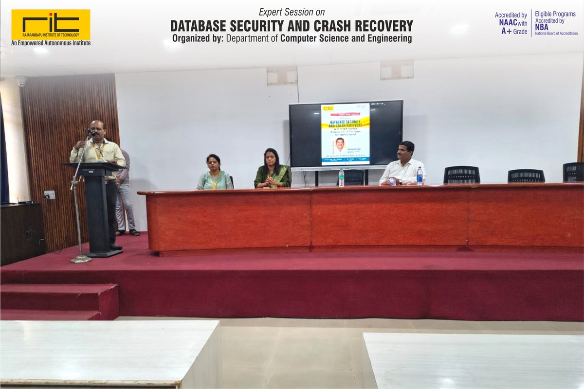 ritindia1983's tweet image. 💻 Expert Session on “Database Security & Crash Recovery”
Organized by Dept. of CSE, RIT under IIC on 6th Oct 2025 for TY CSE (MDM-III) students.
🎙️ Mr. Krunal Pawar, Asst. Prof., MIT Pune, shared insights on DB security, crash recovery & fault-tolerant design.
#RIT #CSE