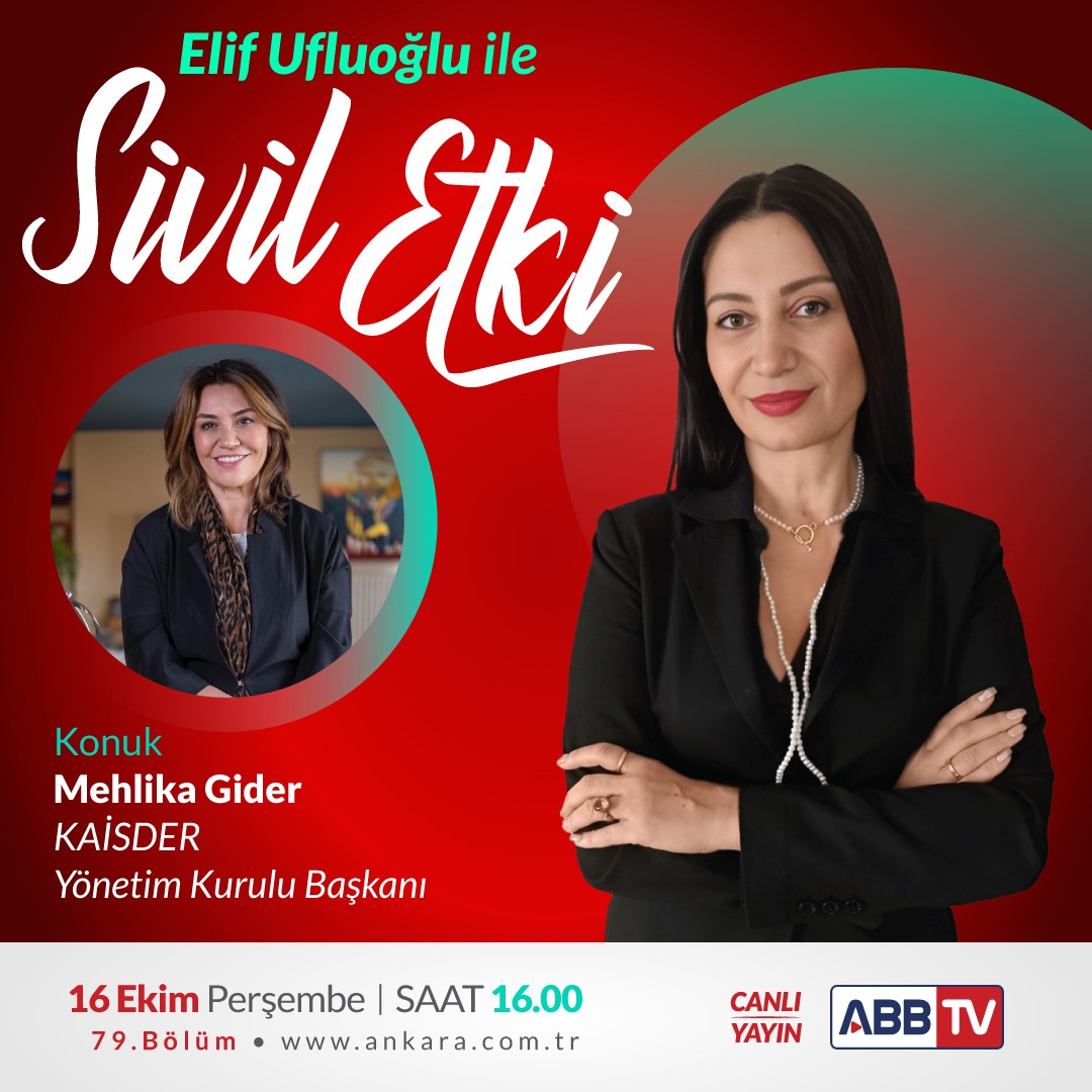 Sivil Etki", birbirinden değerli konukları ile her perşembe, 16.00’da canlı yayınla Ankara Büyükşehir Belediyesi ABB TV’de sizlerle.

#elifufluoğlu #siviletki #elifufluoğluilesiviletki #ankarabüyükşehirbelediyesi #abb #abbtv #canlıyayın #kaisder #mehlikagider #gündem
