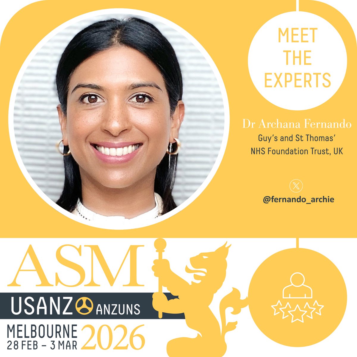 MEET THE EXPERTS: Introducing Dr Archana Fernando from <a href="/GSTTnhs/">Guy's and St Thomas'</a> UK who will present at #USANZ26. 
Specialty: Uro-oncology (Renal and testis cancer) and Robotic Surgery
Read <a href="/fernando_archie/">Archie Fernando </a> Profile and Research here: bit.ly/USANZ26MTE <a href="/ANZUNS_Urology/">Australia & New Zealand Urological Nurses Society</a>