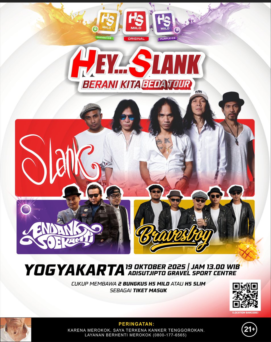 SLANKERS YOGYA! 🚨
Hey… Slank bakal hadir pertama kali di Yogyakarta!

🗓️ 19 Oktober 2025
📍 Adisucipto Gravel Sport Center
🕐 13.00 WIB

Ajak gengmu, nyanyi bareng, dan tunjukin kalau kita #BeraniKitaBeda ✊🏻
#HeySlank #BeraniBedaShow #BeraniKitaBedaTour