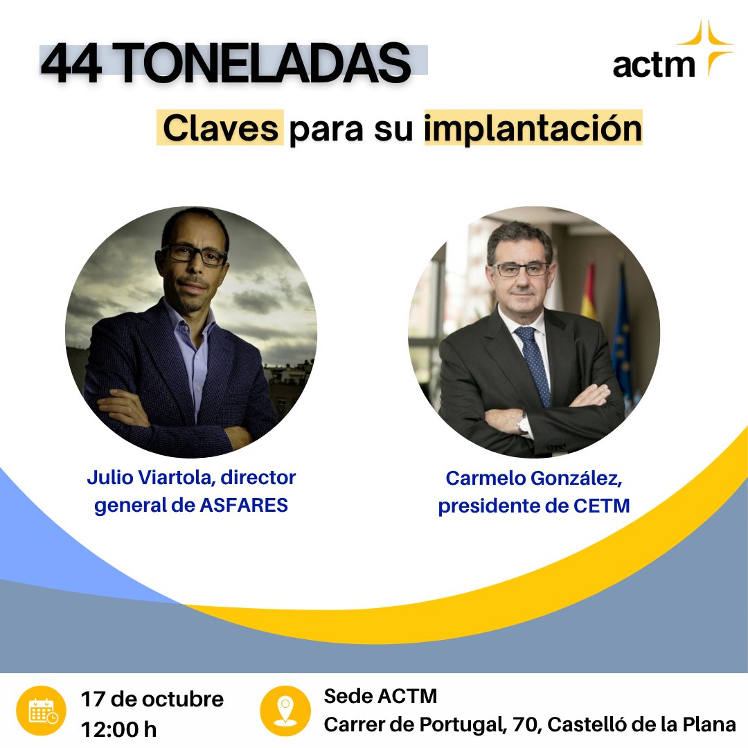 ActmTransporte's tweet photo. 🚨 ¡NO TE OLVIDES! Este viernes analizaremos juntos el impacto de la ampliación a las #44toneladas.
🗓️ 17 de octubre | 🕛 12:00 h | 📍 #ACTM
Con la participación de:
• Carmelo González (#CETM)
• Julio Viartola (#ASFARES)
📩 Confirma tu asistencia: actm@actm.es https://t.co/cNabMNaPzz