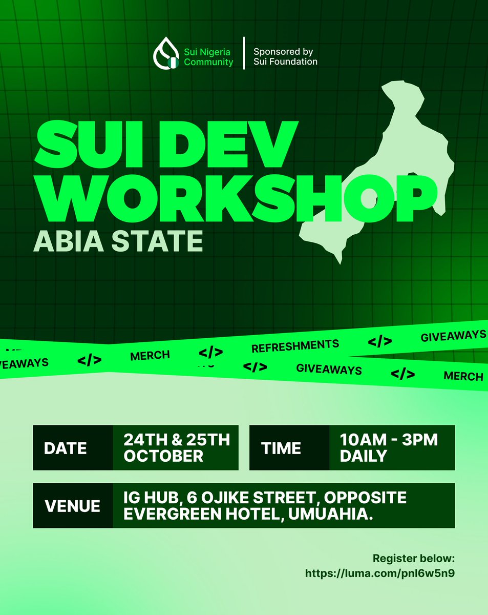 SuiNetworkNG's tweet image. Abia State, Sui is coming!

This event is mainly for Devs; be prepared to not only learn about blockchain development but also to link up with other builders and get to rub minds and come up with real-time projects.

This is an opportunity to learn about Sui Move, get hands-on…