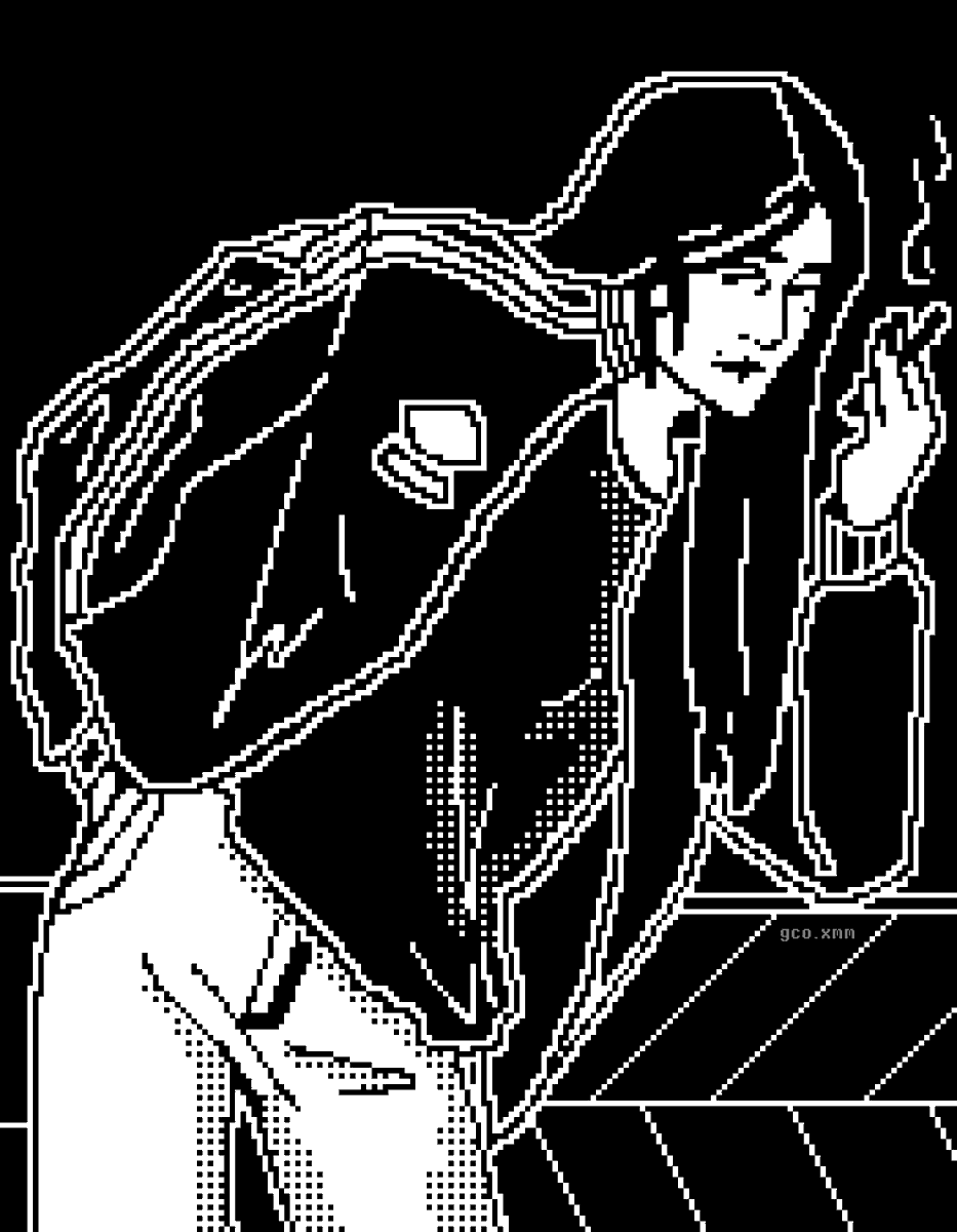 Doing some belated artfight catch up so here's <a href="/plutopooty/">pluto🍉</a> 's character Lidia <3 whom I love and adore 

[ #pixelart #1bit #digitalart ]