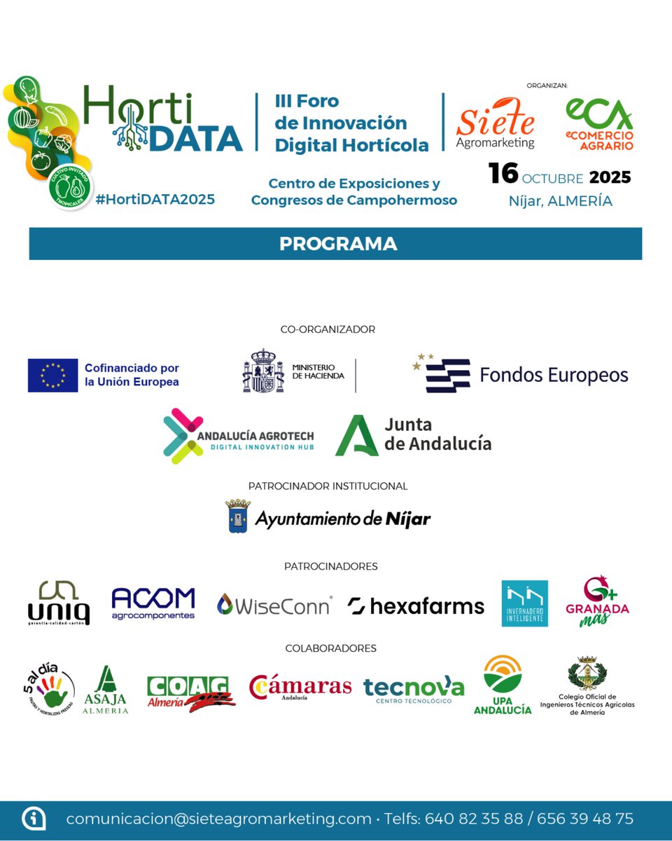 ¡Ya puedes consultar el programa oficial de #HortiDATA2025!

📅Ponencias inspiradoras, casos de éxito y debates sobre innovación y tecnología en el sector hortofrutícola 🌱

👉 Inscríbete aquí para asistir el 16 de octubre :  forms.gle/gEQpDbeY2MQRGY…