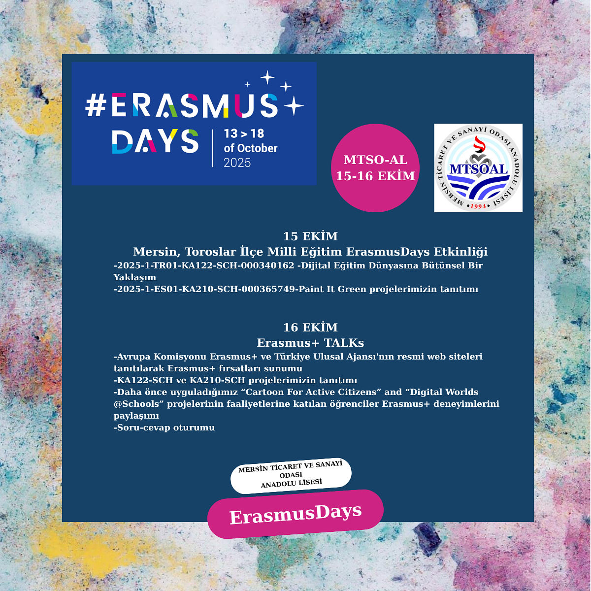 mtsoal_33's tweet photo. 🇹🇷 ErasmusDays Etkinliklerimiz başladı 🇪🇺

@ulusalajans 
@fazilet_durmus 
@kaanaydemir_33 
@MersinMEM 
@MersinMEMArGe 
@toroslarmem 

#ErasmusDays #mtsoal #mersin https://t.co/9H32JMgNOE