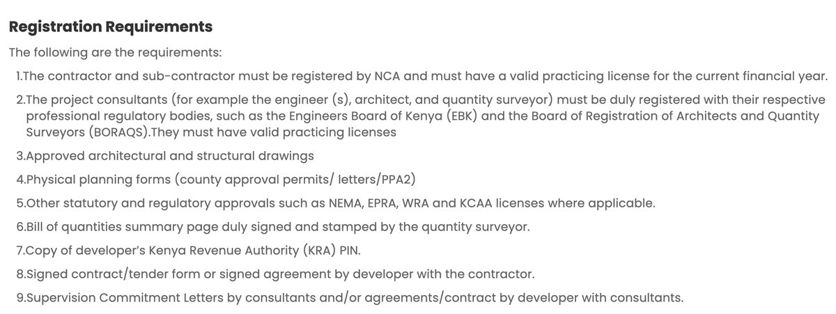 ncakenya's tweet image. Registering your project with NCA? Here is what you need;
1️⃣ NCA-registered contractor/sub-contractor
2️⃣ Licensed consultants
3️⃣ Approved architectural &amp;amp; structural plans
4️⃣ County planning permits 
5️⃣ Statutory approvals 
6️⃣ Signed BoQ summary, KRA PIN, and contract documents^SO