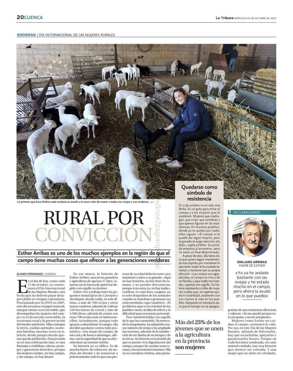 Hoy celebramos el Día Internacional de la Mujer Rural y aprovechamos el reportaje que La Tribuna de Cuenca ha hecho a nuestra joven ganadera Esther Arribas, para felicitar a todas las mujeres que eligen quedarse en el mundo rural, especialmente a las agricultoras y ganaderas 🌾👩🏻‍🌾