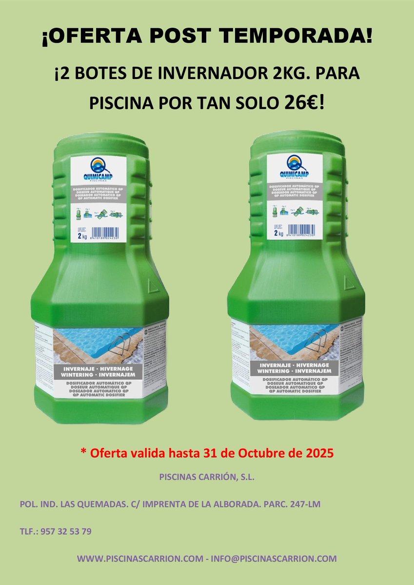 ¡OFERTA DE INVERNADOR!

2 BOTES DE INVERNADOR PARA PISCINA POR TAN SOLO 26€.

Estamos en Pol. Ind. Las Quemadas. C/ Imprenta de la Alborada. Parc. 247-LM. 14014 - Córdoba
