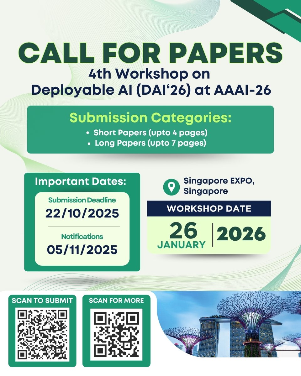 Wadhwani School of Data Science & AI (WSAI), IITM (@wsai_iitm) on Twitter photo 🚀 Call for Papers – 4th Workshop on Deployable AI (DAI'26) at AAAI-26
We are fast approaching the deadline for the 4th Workshop on Deployable AI (DAI'26). To be held in Singapore with the AAAI conference, the DAI'26 brings together researchers, practitioners and policymakers to 🚀 Call for Papers – 4th Workshop on Deployable AI (DAI'26) at AAAI-26
We are fast approaching the deadline for the 4th Workshop on Deployable AI (DAI'26). To be held in Singapore with the AAAI conference, the DAI'26 brings together researchers, practitioners and policymakers to