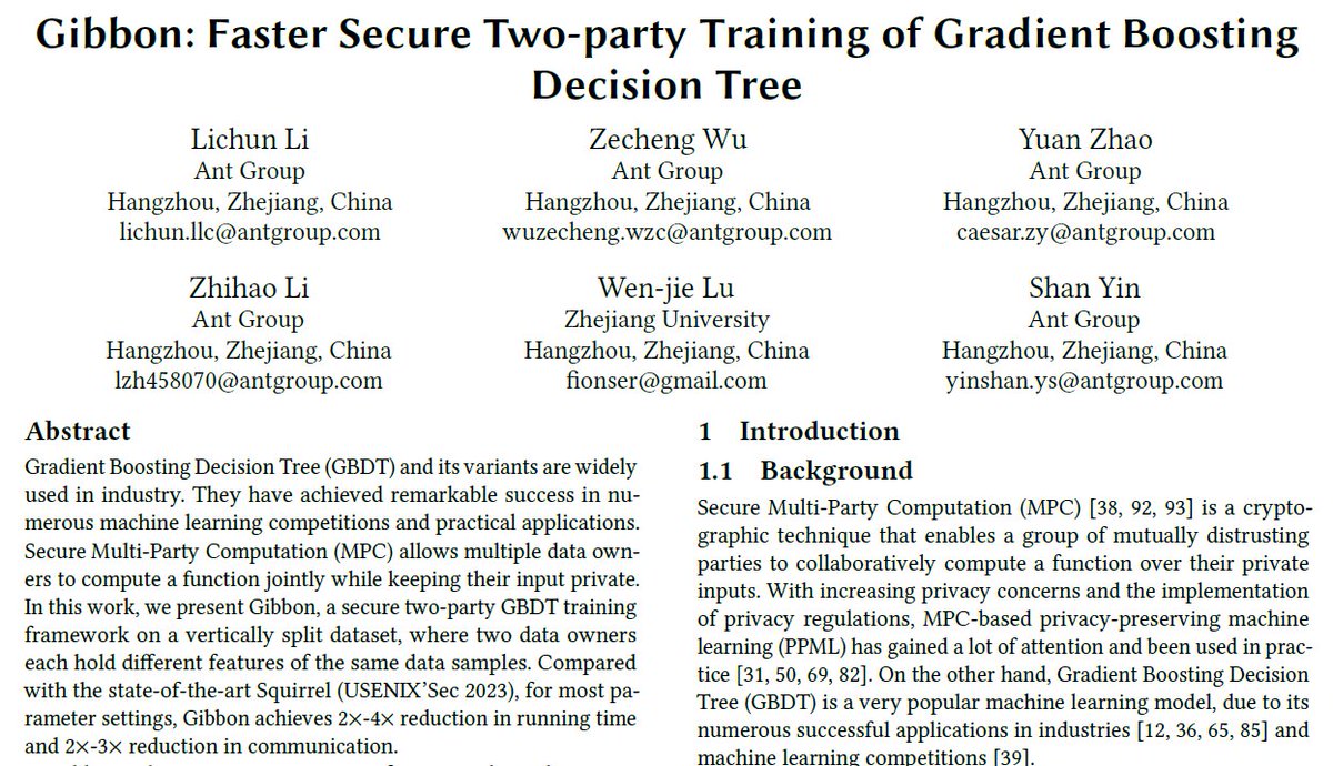 AntChainOpenLab's tweet image. Privacy is the key.
Today our researcher presented Gibbon, a breakthrough privacy-preserving technology, at CCS2025 @acm_ccs!
⚡ Fastest secure two-party GBDT training, beating SOTA MPC (Squirrel) by 2-4x.
⚡ Enabling secure, scalable cross-institution data collaboration.
⚡…
