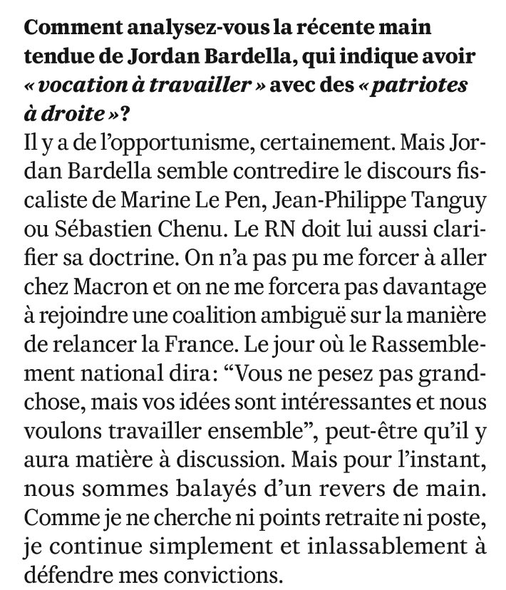 Victor Boiteau (@v_boiteau) on Twitter photo Des nouvelles de « l’union des droites » : dans Valeurs actuelles, Lisnard estime qu’il y aura « matière à discussion » avec le RN si le parti d’extrême droite infléchit sa doctrine économique. Ce à quoi Bardella s’active. <a href="/libe/">Libération</a> Des nouvelles de « l’union des droites » : dans Valeurs actuelles, Lisnard estime qu’il y aura « matière à discussion » avec le RN si le parti d’extrême droite infléchit sa doctrine économique. Ce à quoi Bardella s’active. <a href="/libe/">Libération</a>