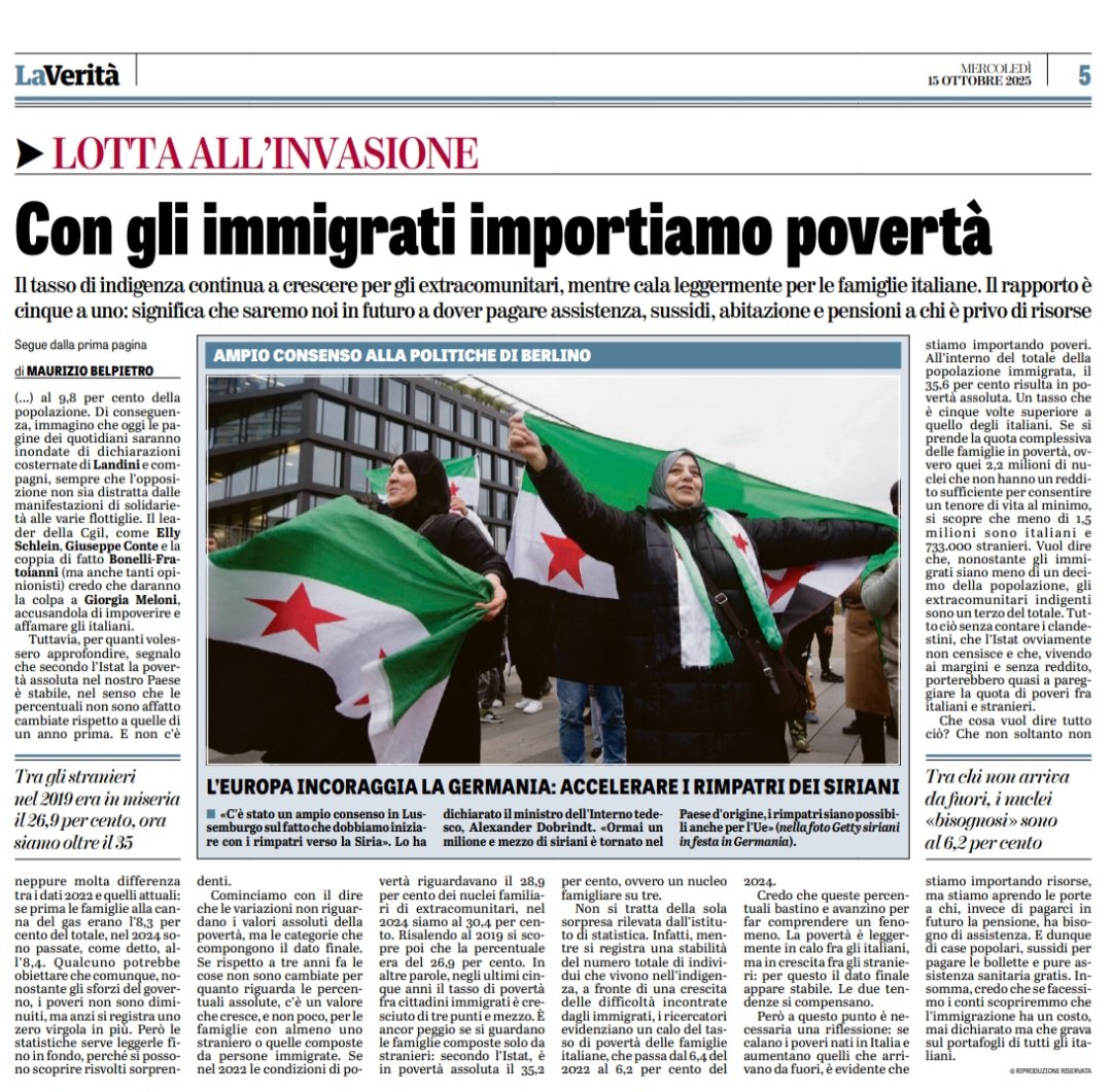 "Con gli #immigrati importiamo povertà".
Altro che "risorse che ci pagano le #pensioni" come millantano i #compagni.
Beh, diciamo che qualche sospetto ci era venuto.
Ma ora parlano i numeri.
E mo' alla #Boldrini chi glielo dice?