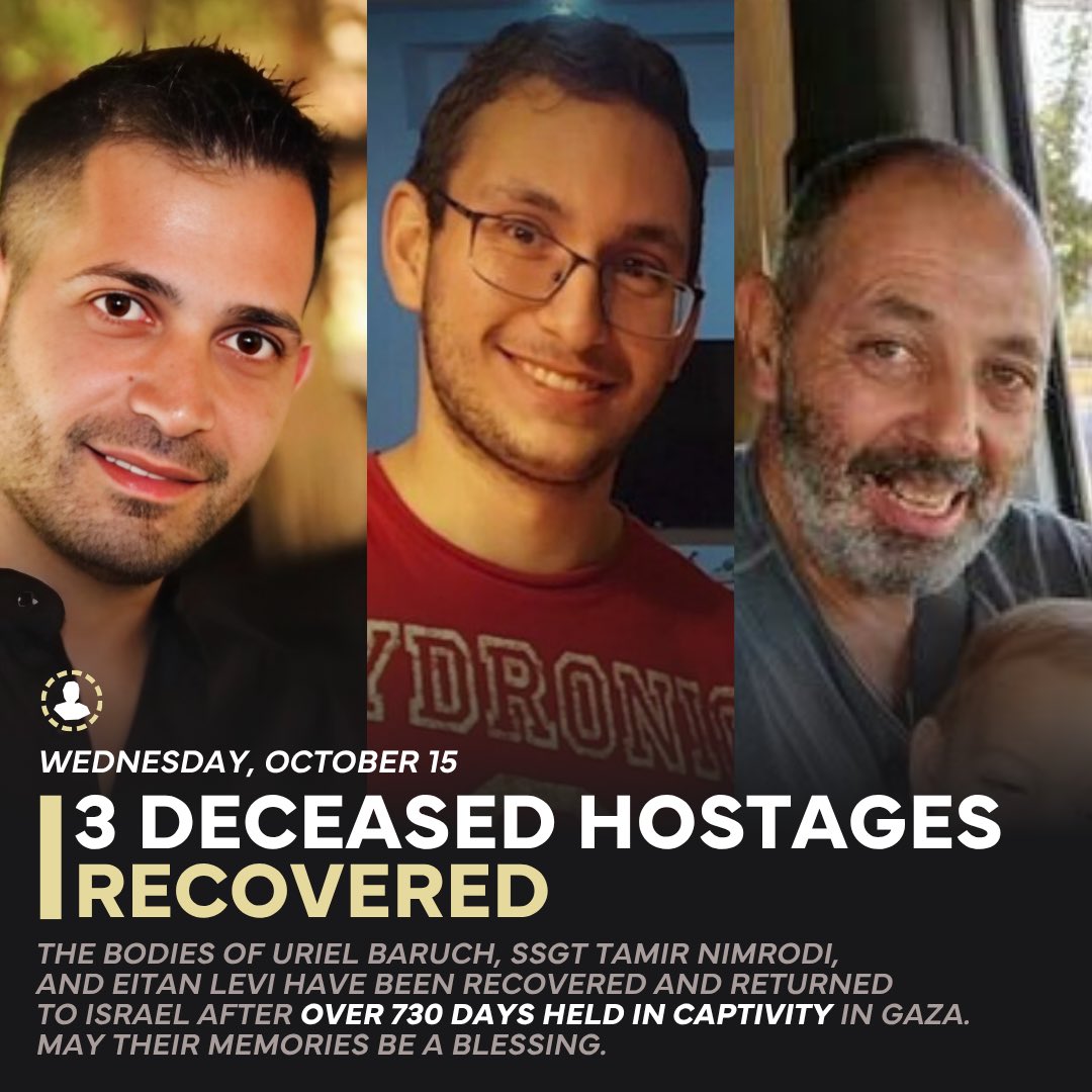 SSGT Tamir Nimrodi was kidnapped alive and was killed while in captivity at the age of 18. Uriel Baruch was killed during the Oct. 7 Massacre and his body was kidnapped into Gaza. Eitan Levi was killed during the Oct. 7 Massacre and his body was kidnapped into Gaza. 
May their