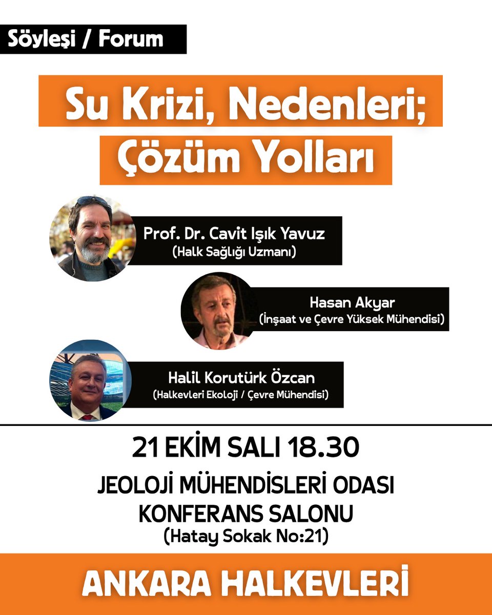 📢 Su krizi, nedenleri ve çözüm yolları üzerine konuşacağımız söyleşimize bekleriz.

Etkinliğimiz Prof. Dr. Cavit Işık Yavuz, Mühendis Hasan Akyar ve Mühendis Halil Korutürk Özcan katılımıyla gerçekleşecektir.

🗓21 Ekim Salı / 18.30
📍Jeoloji Mühendisleri Odası Konferans Salonu