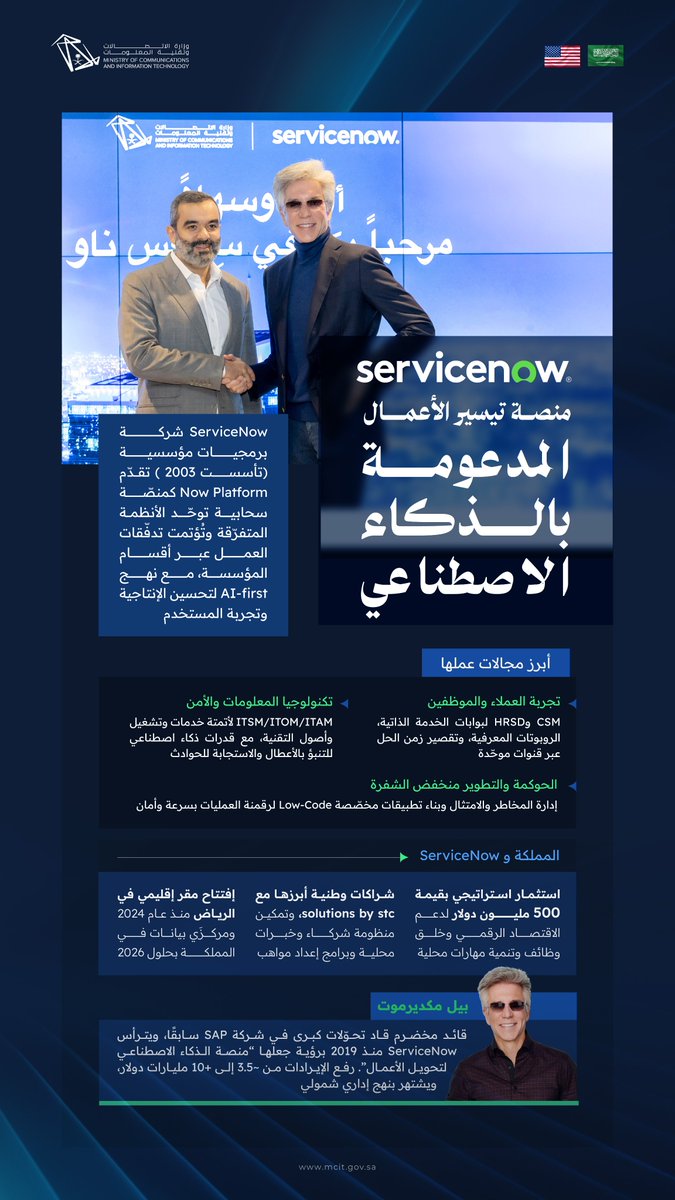 McitGovSa's tweet image. ServiceNow .. منصة تحويل الأعمال المدعومة بالذكاء الاصطناعي
