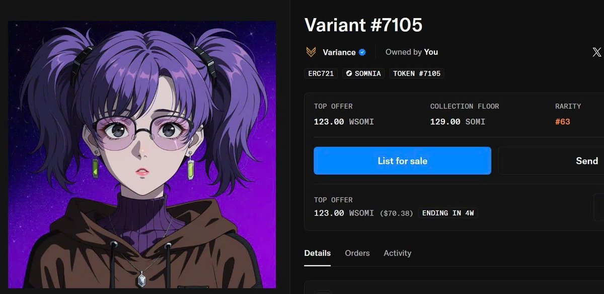 NFTs <a href="/playvariance/">Variance</a> ⬇️

- Original Price: 10 $SOMI
- Current Price: 130 $SOMI
- Growth: 13x
- Next Target: 20x 😁

First comer always wins when you stay with @somnia_network 💜