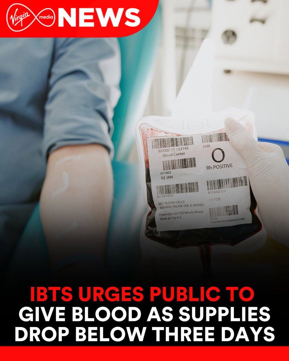 VirginMediaNews's tweet photo. The Irish Blood Transfusion Service (IBTS) has issued an urgent appeal for blood donations, as national supplies fall to under three days across most blood groups.

🧵 [1/2] https://t.co/yD5FvRTvk0