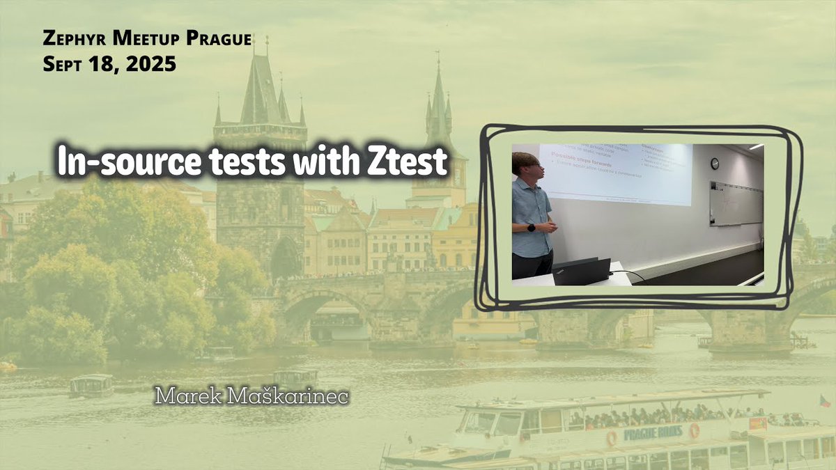 ZephyrIoT's tweet image. At the #ZephyrProject meetup in Prague 🇨🇿 Marek Maškarinec @hardwario_en, showed how to use in-source tests with Ztest.
By placing tests inside source files, you can test static functions & app code directly! Watch the session now: hubs.ly/Q03NdDMn0 #ZephyrRTOS #opensource