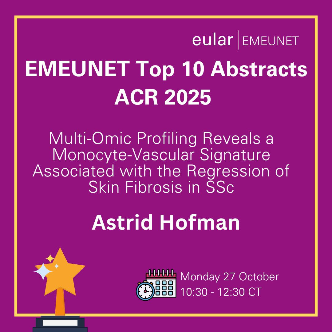 🎉Introducing #EMEUNETtop10abstracts winner, Dr. Astrid Hofman!

🩺🔬Her study is titled Multi-Omic Profiling Reveals a Monocyte-Vascular Signature Associated with the Regression of Skin Fibrosis in SSc.

📅⏰ Don’t miss: Monday 27 October at 10:30-12:30 CT

#ACR25 #EMEUNET