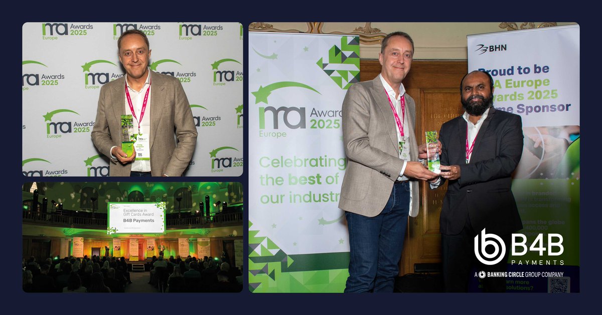 🏆A Proud Moment!

Following the IMA Europe London Summit, we’re thrilled to share that B4B Payments won the Excellence in Gift Cards Award! 🎉

A huge thank you to those who continue to support us. 

Read more: ow.ly/IY3U50XamWJ

#IMAEuropeAwards #B4BPayments