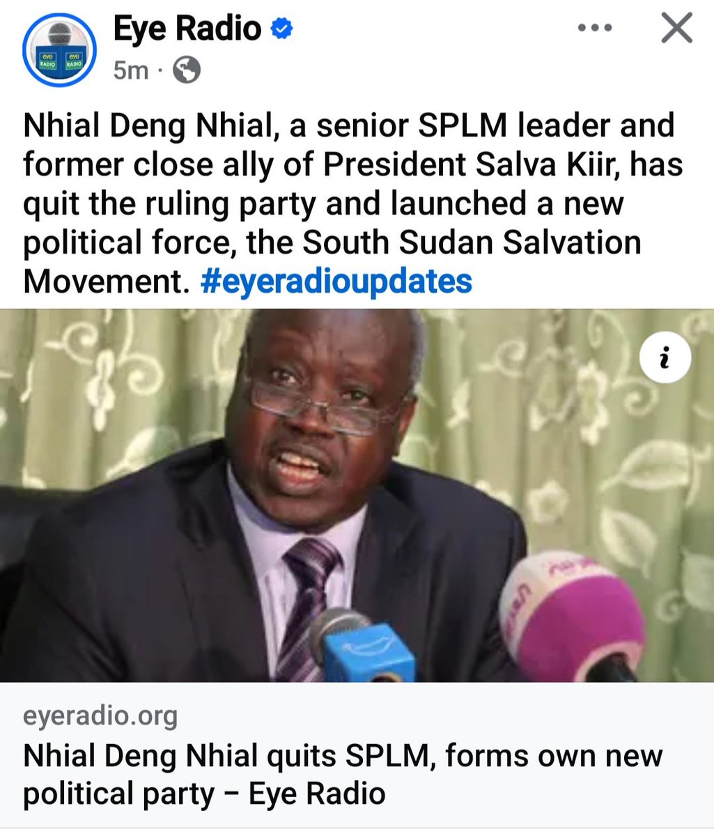 Nhial Deng Nhial resigned from SPLM ruling party and formed his party 
He called Splm has lost vission and corruption government