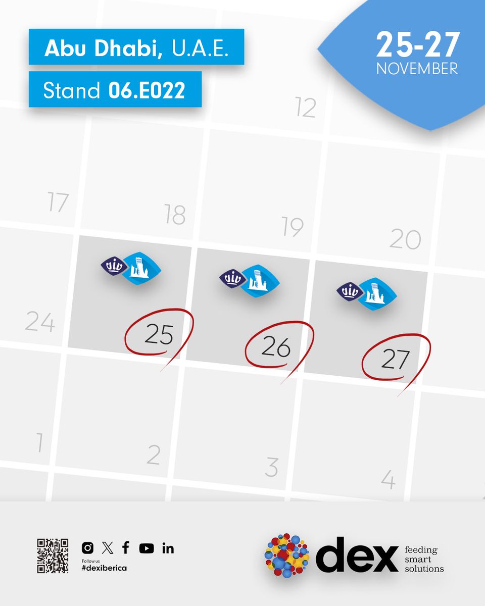 Visit us at VivMea exhibition in Abu Dhabi between 25-27 November 2025 at the Booth 06.E022.

📆 25-27 November
📍 Abu Dhabi, U.A.E.

#vivmea #vivmea2025 #abudhabi #creciendojuntos #dexiberica #dexteam