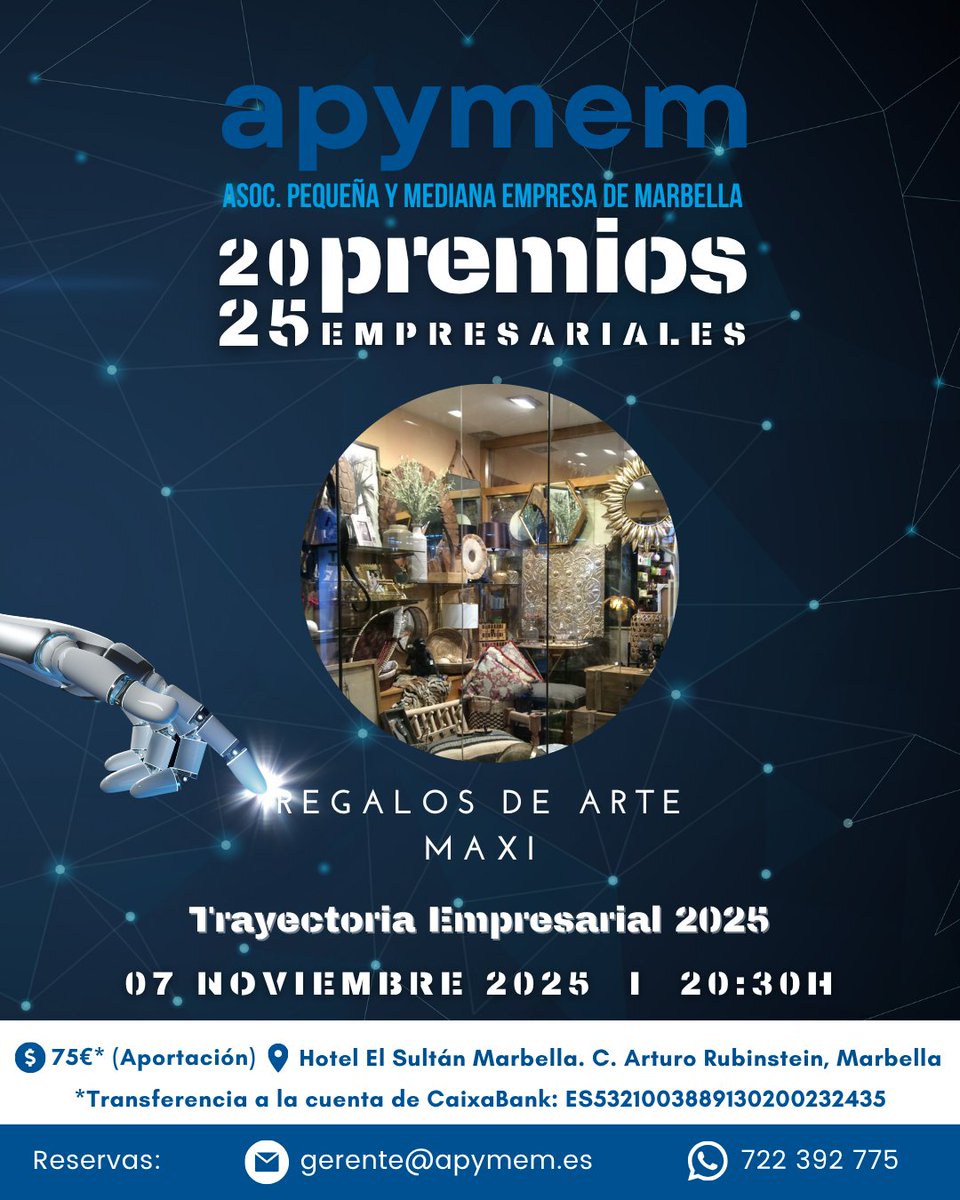 Apymem's tweet image. 🎉 Seguimos desvelando detalles sobre los Premios APYMEM 2025 🎉 Hoy os presentamos 3 de los 6 galardonados: 

🏅 Agradecimiento Labor Social – Cáritas Marbella
🏅 Trayectoria Empresarial – Regalos de Arte Maxi
🏅 Innovación Empresarial – Iberdata21

¡Enhorabuena! Seguimos...