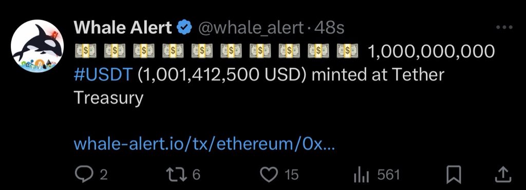ItsMarkJudge's tweet photo. BREAKING:
$1 Billion USDT just minted.💵 https://t.co/GKt3NAbiO4