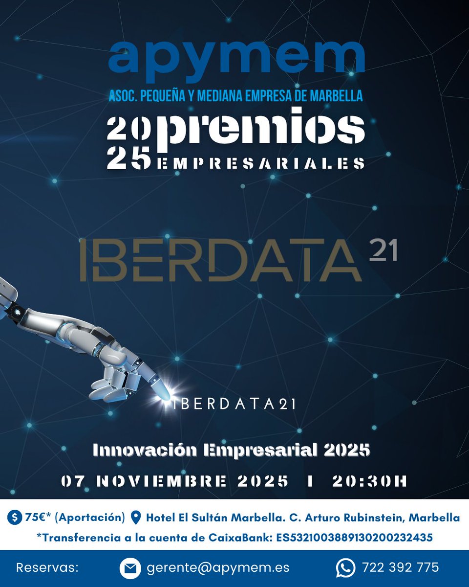 Apymem's tweet image. 🎉 Seguimos desvelando detalles sobre los Premios APYMEM 2025 🎉 Hoy os presentamos 3 de los 6 galardonados: 

🏅 Agradecimiento Labor Social – Cáritas Marbella
🏅 Trayectoria Empresarial – Regalos de Arte Maxi
🏅 Innovación Empresarial – Iberdata21

¡Enhorabuena! Seguimos...