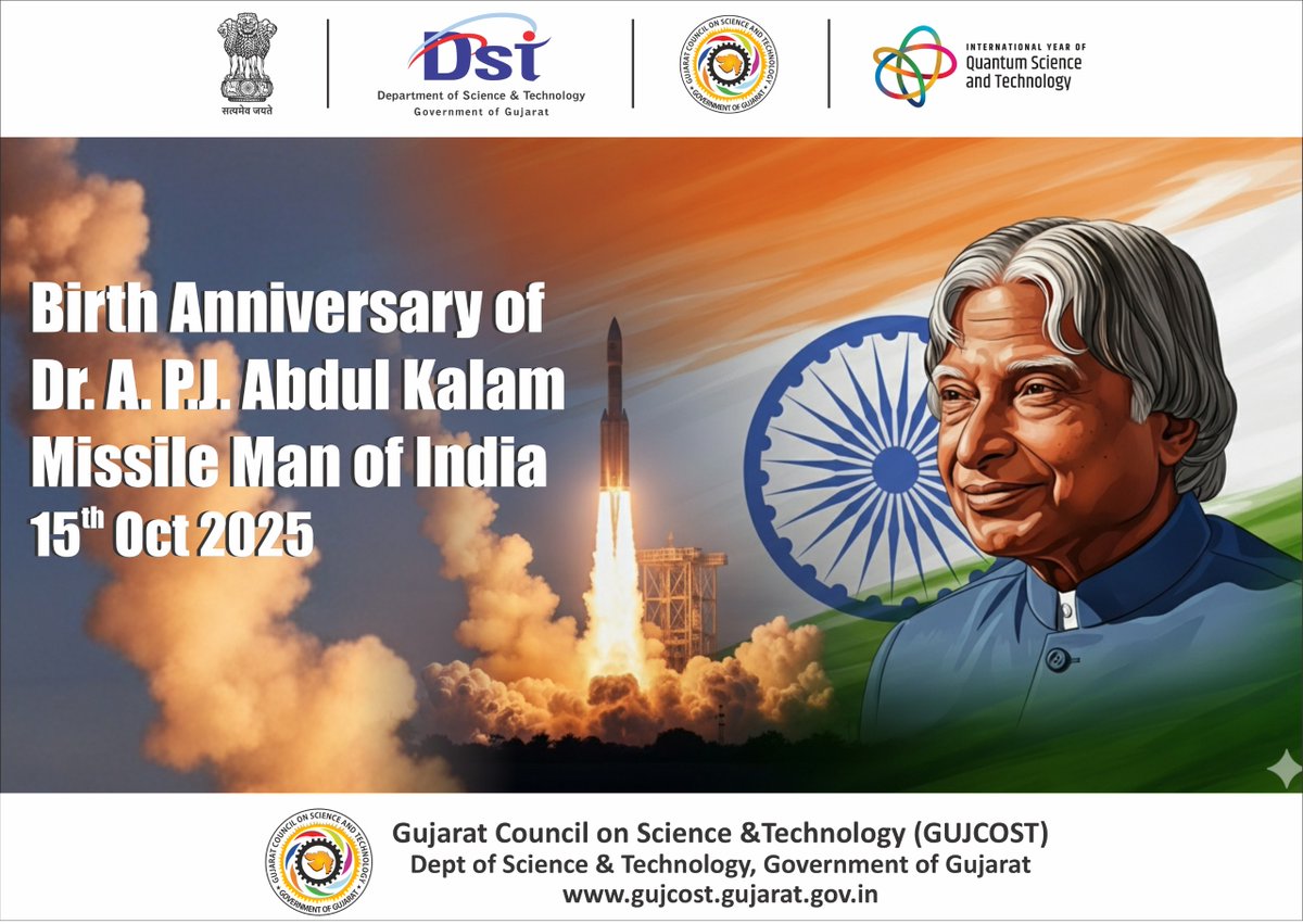 InfoGujcost's tweet photo. #WorldStudents’ Day 2025: Honouring the ‘Missile Man of India’, Dr. A.P.J. Abdul Kalam a visionary who turned science into service and dreams into #destiny.

Celebrated on his birth anniversary, this day inspires students to pursue #education, #innovation, and #excellence, echoing Dr. Kalam’s belief that #youth are the architects of a stronger, progressive #nation.

“Dream, Dream, Dream. Dreams transform into #thoughts and #thoughts result in #action.”