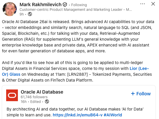 QuantosaurusNL's tweet image. $QNT | Oracle AI Database 26ai release

Quant&apos;s Partner Oracle is going to apply AI to 
Multi-Ledger Digital Assets in Financial Services